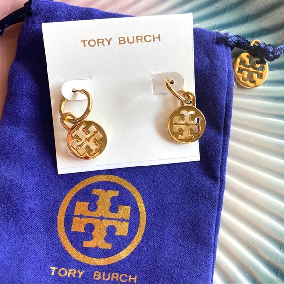 New Tory Burch Gold Tone Small Logo Hoop Earrings